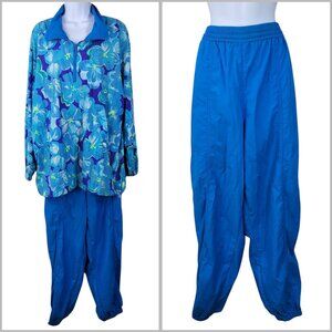 Vintage 90s Track Sweat Suit Set XL Blue Pullover Jacket Pants Nylon Floral